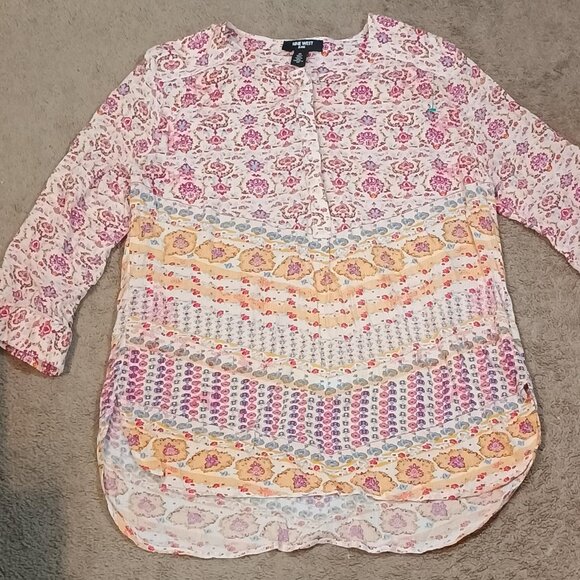 Nine West Tops - Nine West Jeans Blouse Womens XL Red Pink Yellow Floral Boho Lucy India Tunic To